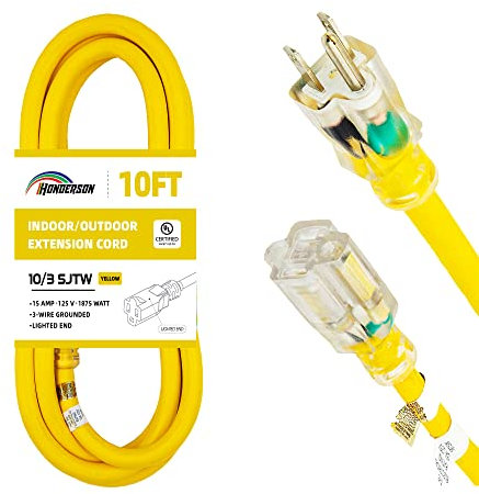 HONDERSON Cable de extensión iluminado para exteriores de 10 pies – 10/3 SJTW resistente cable de extensión amarillo con enchufe de tierra de 3 puntas para mayor seguridad, listado UL