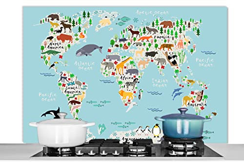 MuchoWow Spritzschutz Küche Küchenrückwand Alu Poster Bilder 120x80 cm Weltkarte - Kinder - Tiere - Blau - Orca - Wal