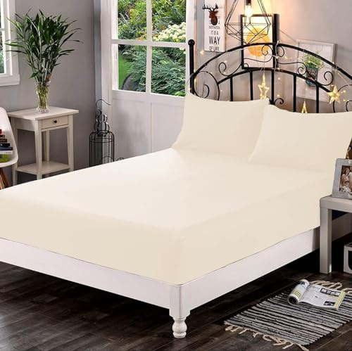 Night Zone Fitted Sheet 400 Thread Count 100% Egyptian Cotton Extra Deep 40cm Sateen Hotel Quality Bedding Fitted Sheet (Cream, Double)