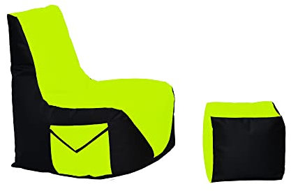 Momiralland Komfort Sitzsack XL - XXL mit Hocker Sitzkissen BodenKissen Sessel In- & Outdoor geeignet Gaming Sitzsack für Erwachsene und Kinder (Schwarz – Kiwi, XXL - Durchmesser 80 cm)
