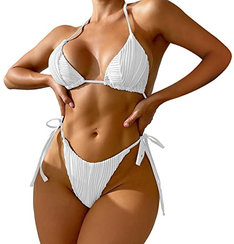 SEAUR Maillot de Bain Bikini Sexy Push Up Bikini String Brésilien Sexy 2 pièces pour Femmes Maillot de Bain Halter Triangle Bikini de Plage Beachwear M A01 # Blanc