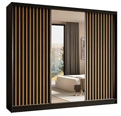 ALTDECOR Kleiderschrank mit Spiegel und Schiebetüren, kugelgelagerte Führungsschienen und Aluminium-Leisten, LED-Beleuchtung (16 Farben) und Fernbedienung -LAMELO- 240 cm Schwarz + Schwarz + Artisan