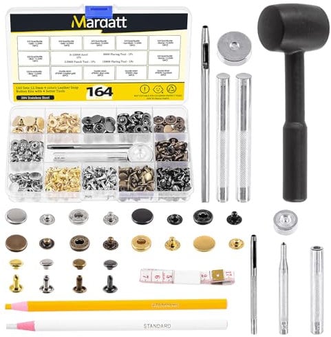 Mardatt 126pcs Snap Fastener Kit Metallic Copper Heavy-Duty Snap Fastener Tool Leather Rivets and Snaps 15MM Metal Snap Buttons Kit Press Studs with 6 Install Tools for Clothes, Jackets, Jeans Wears