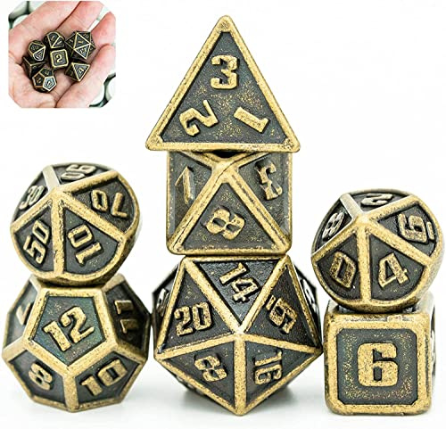 Cusdie Mini-Metallwürfel, 10 mm, 7 Stück, metallisches DND-Würfel-Set, polyedrisches Mini-Würfel-Set, für Rollenspiele, D&D-Würfel (Bronze)