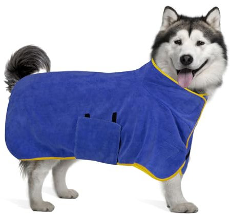 Donfri Peignoir pour Chien en Microfibre - Serviette pour Grande Douche - Accessoire de Douche pour Chien Taille Moyenne Séchage Rapide - Super Absorbant (L, Bleu)