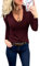 Fessceruna Camiseta de manga larga para mujer, cuello de pico, color liso, corte ajustado, sudadera básica informal, borgoña, S