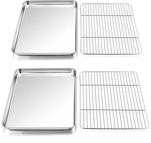 P&P CHEF Plaque de cuisson en acier inoxydable de 40,6 cm avec grille (2 poêles + 2 supports), plaques à biscuits, plaques de cuisson et grilles de refroidissement, passe au four et au lave-vaisselle