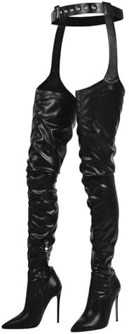 blingqueen Damen Overknees Chap Boots Stiletto Spitze Stiefel Reißverschluss Lederoptik Schwarz 38 EU