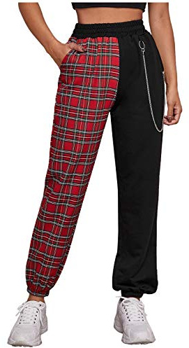 Damen Punk Hose High Waist Gothic Kleidung Hosen Cargohose Ketten Karierte Patchwork Freizeithosen Lange Hosen Halloween Kostüm Karneval Steampunk Cosplay Mittelalter Piratenhose