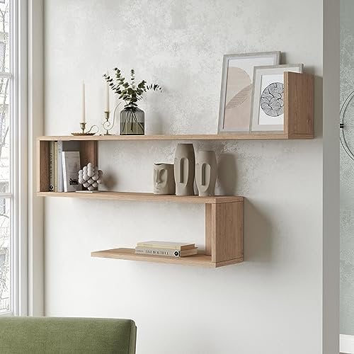 [en.casa] Wandregal Kitee mit 3 Regalböden Hängeregal 120 x 15 x 72 cm Bücherregal hängend Schweberegal Wohnzimmer Eichenoptik
