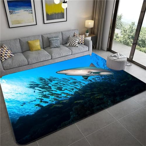 okoikfc Teppich 140 x 200 cm Hai 3D Teppich Wohnzimmer Hai Waschbarer rutschfest, Teppiche für Kinderzimmer Schlafzimmer Deko Antirutschmatte Carpet Matte,A1194