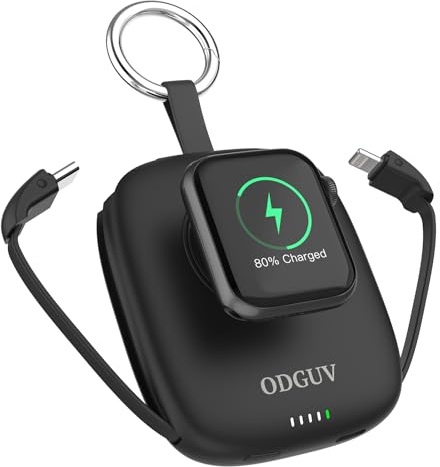 Chargeur portable 5000 mAh iWatch, chargeur sans fil avec câble intégré, chargeur de porte-clés de voyage pour Apple Watch 9/Ultra2/8/Ultra/7/6/SE/5/4/3, iPhone 15/14/13/12/11