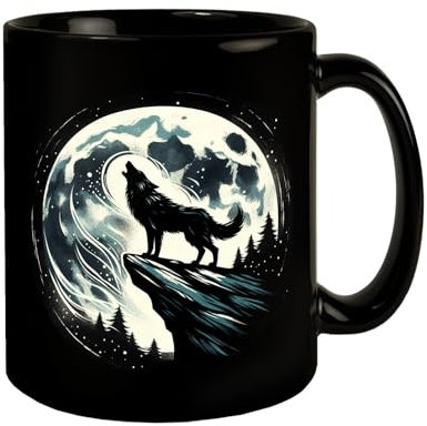 Wolf im Vollmond Tasse schwarz in Schwarz Wolf Silhouette heulen auf Felsen Mystische Nacht Natur Stehen im Mondlicht Einzigartige Vollmond Tasse schwarz in Schwarz
