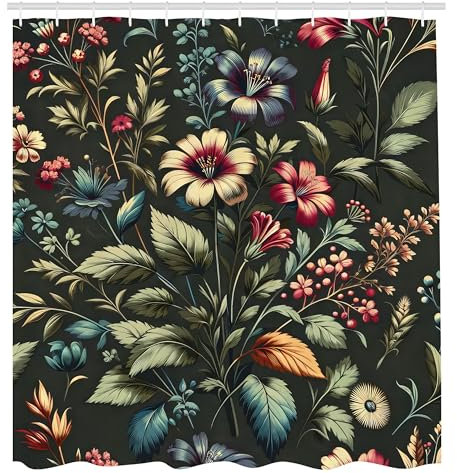 ABAKUHAUS Blumig Duschvorhang, Nostalgie Konzept blättriger Dschungel und Hibiskusblumen mit modernen Details, Stoffliches Gewebe mit Haken, 175 x 200 cm, Lorbeergün Dunkelkoralle