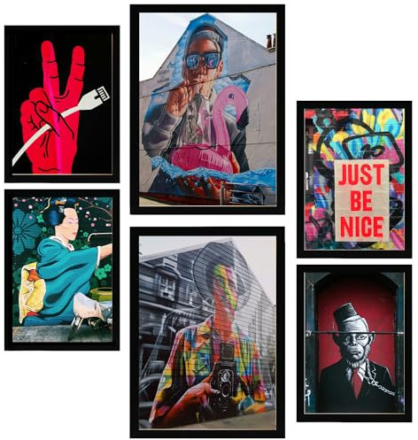 Nacnic-Set mit 6 Dekorative Malerei Graffiti, bunte Straßenkunst Gerahmtes Poster mit Design-Illustrationen zur Dekoration der Wände A3 & A4 Schwarzer Rahmen