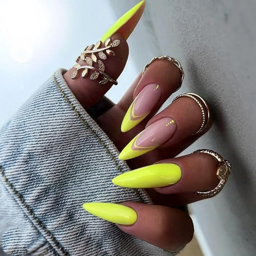 HaoTrade 24pcs Tip False Nails, Press on Nails Medium Length, Almond Press on Nails, Tip Pearl Stick on Nails, Stick On Nails Short, Oval Stick on Nails for Women and Girls Daily Wear, Yellow