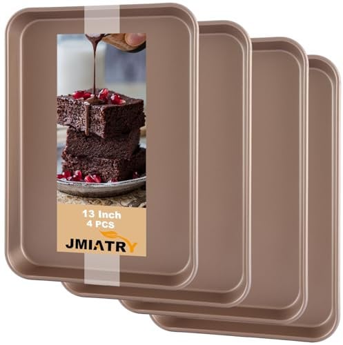 JMIATRY 4 Pcs Non Stick Oven Baking Tray, 13 Inch Rectangle Heavy Duty Carbon Steel Oven Tray, PFOA Free Roasting Tin Pans for Baking Food, Gold, 35X25X2.5cm