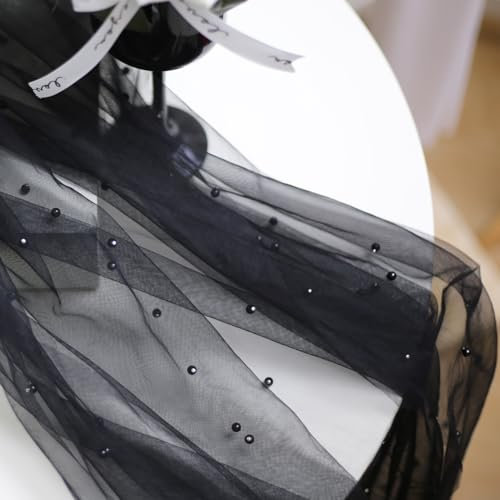 100cm x 160cm Schwarz Tüllstoff für Bekleidung & Deko,Perle Mash Stoffe zum Nähen Meterware,Hochzeitsstoff Tüll Dekostoff mit Perle für DIY Geburtstag Party Deko Tüll Stoffe Hochzeit Schleier