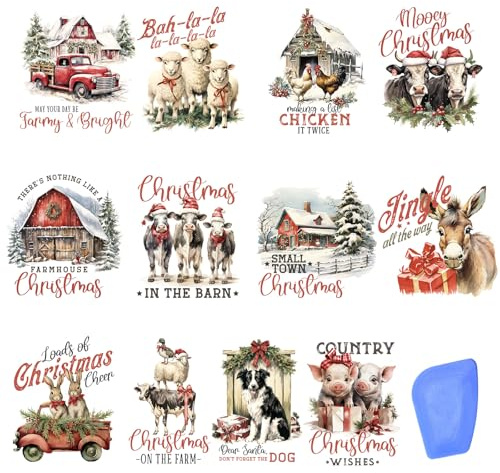 ZMRU 24 Blatt Vintage-Weihnachts-Transfers zum Basteln, Reiben auf Transfers Weihnachten für Holz, Möbelaufkleber, Glas, Porzellan, Leder, Leinwand, Stoffprojekte, 7,6 x 7,6 cm (Bauernhof-Weihnachten)