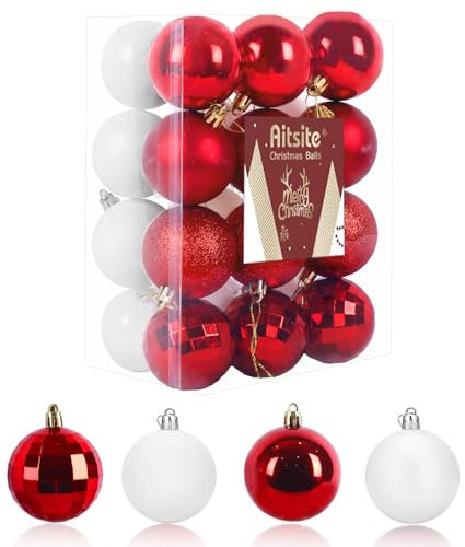 24 Stück Weihnachtskugeln Weiß/Rot, 6CM Christbaumkugeln Kunststoff Bruchsicher Weihnachtsbaumkugeln Christbaumschmuck Christbaumkugeln für Weihnachtsbaum Neujahr Festival Ornamente