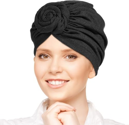 oruola Afrikanischer Damen Turban,Turban Mütze Damen,Weiche Turbans for Women,Beanie Mütze Kopfwickel Schlafmütze,Plissiert,Afrikanischer Turbans Baumwolle,Chemo Tücher Fertig Gebunden,Schwarz