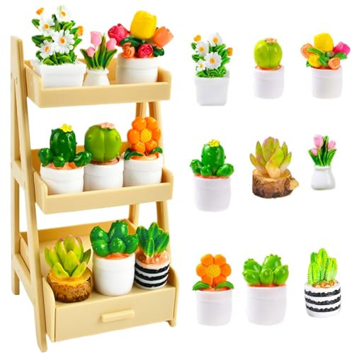 10 Piezas Miniaturas para Casa de Muñecas, Mini Maceta de Casa de Muñecas, con Estante Pequeño Amarillo, Plantas en Macetas de Casa de Muñecas, para Decoración de Jardín de Casa de Muñecas