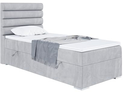 MEBLINI Boxspringbett mit Bettkasten - Gepolstert Einzelbett mit Matratze und Topper - Polsterbett mit Stauraum - Bett mit Kopfteil - Stauraumbett - Karim - 100x200 Links - H3/Hellgrau Samt