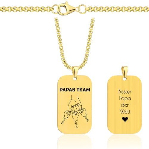 Lumari Gold Personalisierte Halskette Herren mit Gravur - Dog Tag Papa & Kindernamen, Anhänger Geschenk für Vatertag, Geburtstag - ID Kette, Gold