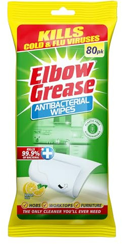 Elbow Grease Antibacterial Wipes | Kills Cold & Flu Viruses (Kills 99.9% of Bacteria) - Lemon (80 pack)
