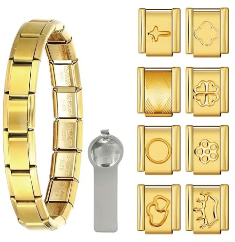 AstraGlam Charm-Armband für Damen & Herren – Edelstahl Stretch-Armband mit 8 individuellen Anhängern – Personalisierbarer Schmuck für jeden Anlass (Gold)
