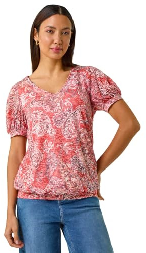 Roman Blouson Top for Women Ladies Bubble Hem Stretchy Jersey Puff Sleeve Summer Smart Casual Office Work Spring Everyday Evening Vacation Work Holiday V Neck - Red - Size 14