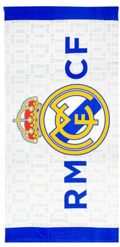 Serviette de plage officielle R Madrid 140 x 70 cm - 100 % polyester, douce et absorbante, design avec logo du club, idéale pour la plage, la piscine ou un usage quotidien. Produit sous licence pour