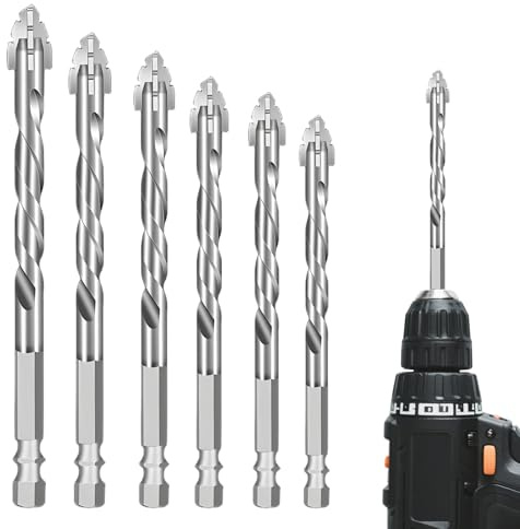 6 Teiliger Exzenterbohrer Set,1/4 Sechskantschaft,4/5/6/8/10/12 Mm Hochfeste Exzenterbohrer Mit 4 Schneiden, Hochfeste Exzenter-Bohrer Sets,Für Glas,Keramik,Beton,Holz,Metall,Bohren (Silver)