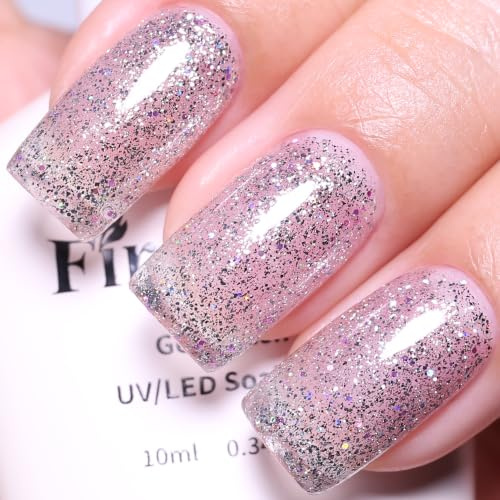 Firedeep Sparkle Silver Gel Polish Glitter Hema Free 0.34 OZ Same Color Same Top Cover Reflective UV Polish Manicure Nail Art DIY