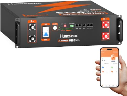 Humsienk Batteria al litio LiFePO4 48V 100Ah Bluetooth con BMS 100A, 5,12KWh Armadio Server Batteria Solare per Impianto Solare Set Completo, Impianto Fotovoltaico