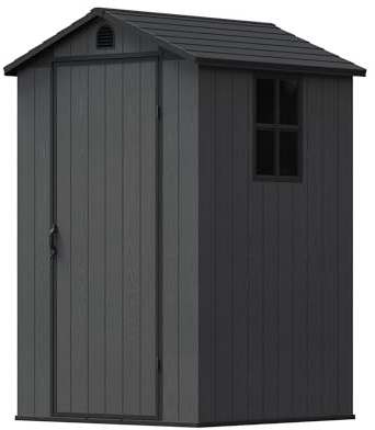 Devoko 4x4ft Outdoor Plastic Garden Storage Shed with Lockable Double Doors & Apex Roof - Patio Backyard Tool Shed, Bike Shelter, Garbage Bin Store - Weather and Fade Resistant - Dark Gray
