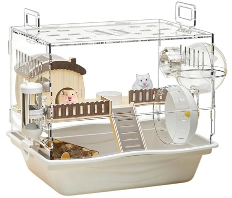 Hamsterkäfig, transparent, mit 2 Etagen – Mäusekäfig mit Laufrad, Wasserflasche, Futternapf, für Rennmäuse, Mäuse, Igel, Aktivität