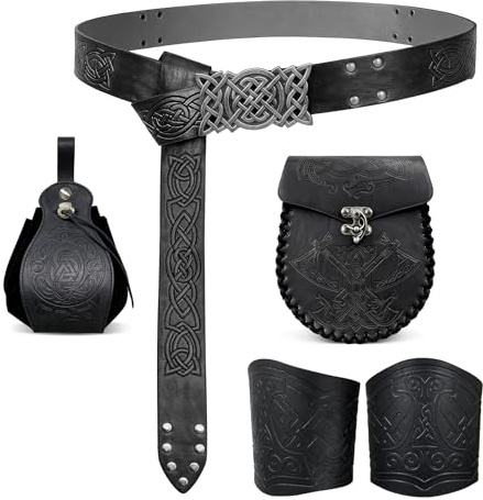 Wikinger Gürtel, Damen, Herren, Mittelalter Gürteltasche, Geprägte Kunstleder mit Manschette Armband & Lederbeutel, Mittelalter Ritter Zubehör, Schwarz
