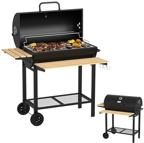 Zilan Holzkohlegrill mit Deckel und Thermometer, BBQ Grillwagen mit großer Grillfläche 71×37cm, Seitenablage aus Holz & klappbarer Fronttisch, Grill mit Rädern und Ablage für Garten, Terrasse, Outdoor