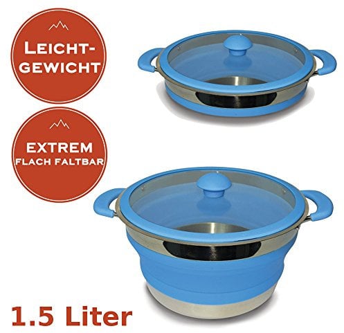 Faltbarer Leichtgewichtstopf 1,5 Liter - Camping Kochtopf aus Metall und Silikon - MINIMALES Packmaß + MINIMALES Gewicht - spülmaschinenfest