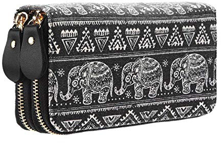 Geldbörse Damen groß viele Fächer Canvas Geldbeutel Elefant Portemonnaie mit Reißverschlüsse (Schwarz)