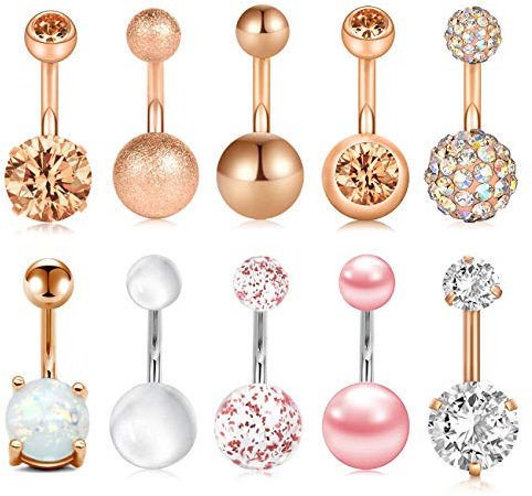 JFORYOU 10 Pcs Piercing au Nombril Anneau Clou Ombilical 10 Styles 14G Acier Inoxydable Anneau de Nombril pour Femmes Homme Filles Bijoux de Corps Ventre Or Rose