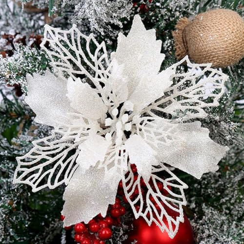 GL-Turelifes 12 Stück 16,3 cm große Glitzer-Weihnachtsstern-Blumen, künstliche weiße Weihnachtsblumen, Weihnachtsbaum, Blumen, Kranz, Baumschmuck mit 12 Stück grünen Blumenstielen