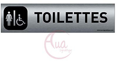 AUA SIGNALETIQUE - Plaque Aluminium brossé imprimé AluSign DARK - 200x50 mm - Double Face adhésif au dos (Toilettes F/handicap)