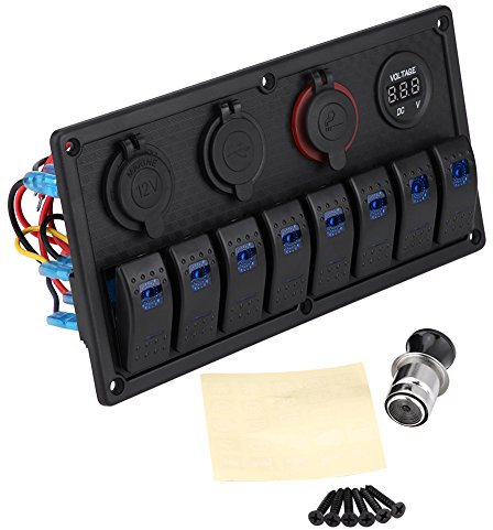 Wippschalter 12V 24V 8 Gang Auto Boot LED Wippschalter Bedienfeld Dual USB Voltmeter Zigarettenanzünder SPST/ON-OFF Universal für alle 12V-24V Fahrzeuge, Yachten, Schiffe, Wohnwagen, Busse, Autos