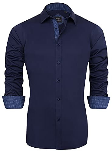 J.VER Shirts for Men Casual Formal Non Iron Button Down Dress Shirts Long Sleeve Inner Contrast Work Wedding Shirt Dark Blue 2XL