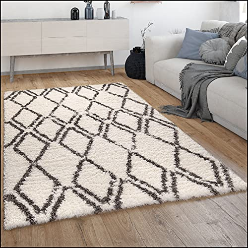 Paco Home Hochflor Teppich Wohnzimmer Shaggy Langflor Skandinavisches Rauten Muster Modern, Grösse:120x160 cm, Farbe:Creme 4