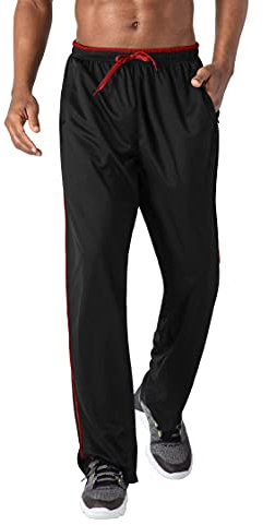 KEFITEVD Trainingshose Herren Lang Polyester Turnhose Training Pants Männer Casual Dünn Sporthose Offen Beinabschluss Atmungsaktiv Jogger Hose Schwarz-Rot 2XL