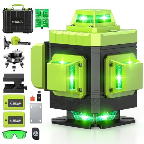 360 Laser Level Self Leveling, Elikliv 4D Green Beam 16 Lines with Horizontal Vertical Four-Plane Leveling and Alignment Laser Level with 2 Rechargeable Battery,1/4 and 5/8 Mount,Portable Toolbox