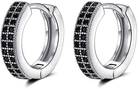 Kleine Silber Creolen Ohrringe für Damen Herren | 925 Sterling Silber Post Doppel-Reihe 5A Zirkonia Huggie Creolen Knorpel Helix Ohrringe, Piercings Schmuck (schwarz-10mm)